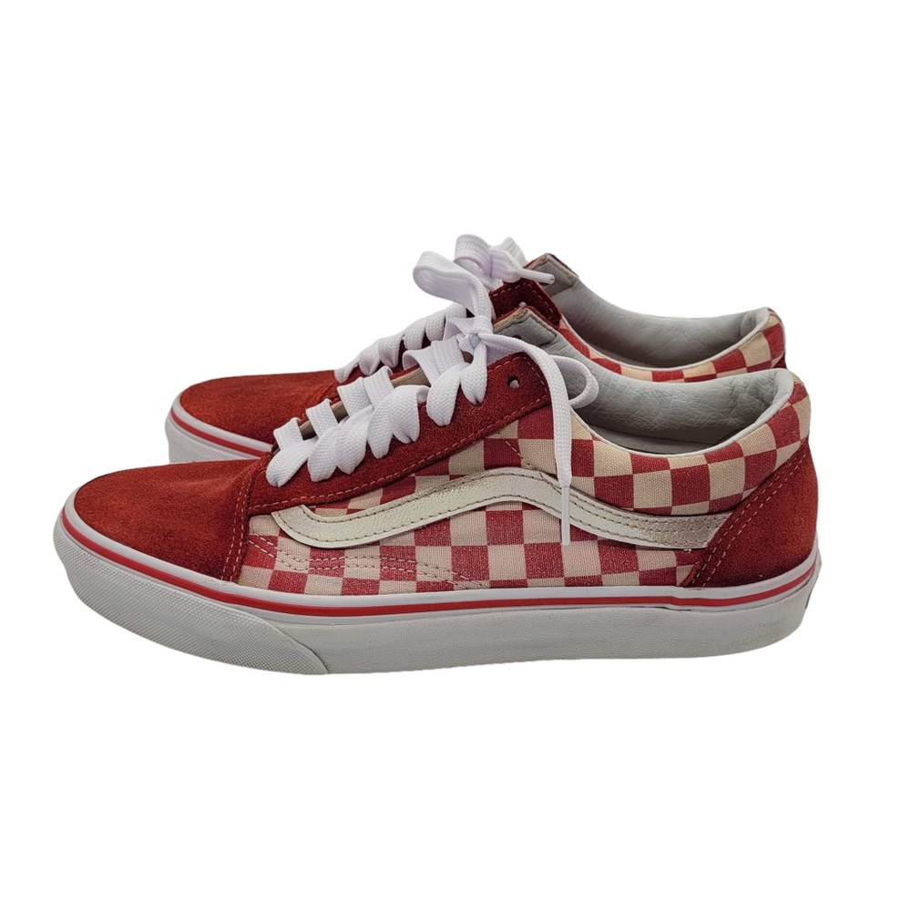 Vans Old Skool Checkerboard Low Top Suede Canvas Sneakers Red White M7 W8.5